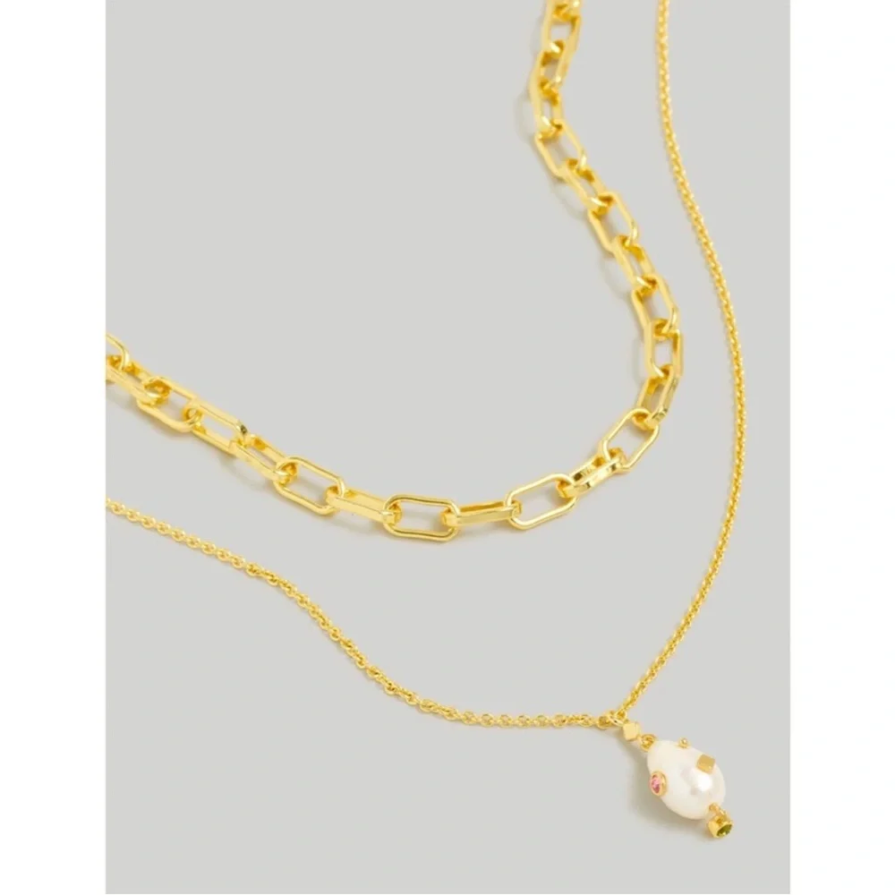 NEW MADEWELL Two-Pack Studded Freshwater Pearl Necklace Set Gold Woodrose - Picture 2 of 9